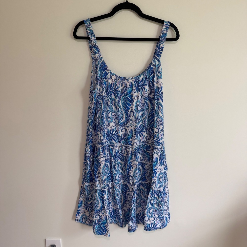 Lilly Pulitzer Blue White Paisley Cotton Tiered Sleeveless Mini Dress XL